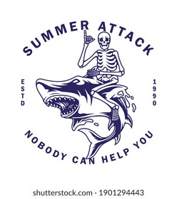 Vector illustration skeleton riding wild shark, For t-shirts, stickers and other similar products.