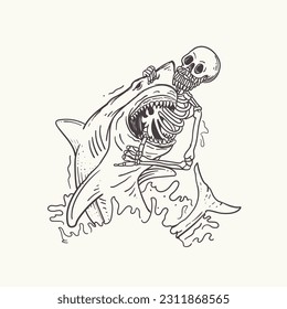 Vector illustration of skeleton and shark. Hand drawn doodle style