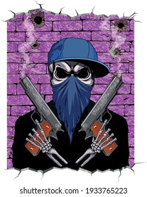 Ilustración vectorial, el esqueleto de un bandido callejero en una gorra con pistolas en una bandana, sobre un fondo de una pared de ladrillo