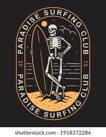 Vector illustration skeleton with a surf board, For t-shirts, stickers and other similar products.