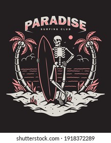 Vector illustration skeleton with a surf board, For t-shirts, stickers and other similar products.
