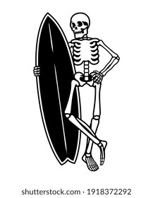 Vector illustration skeleton with a surf board, For t-shirts, stickers and other similar products.