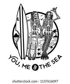 Vector illustration with Skeleton Surfer and Mermaid