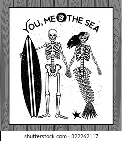 Vector illustration with Skeleton Surfer and Mermaid 