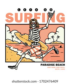 vector illustration Skeleton Surfer on the beach. For t-shirts, stickers and other similar products.