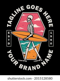 vector illustration Skeleton Surfer on the beach. For t-shirts, stickers and other similar products.