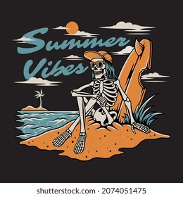 vector illustration Skeleton Surfer on the beach. For t-shirts, stickers and other similar products.