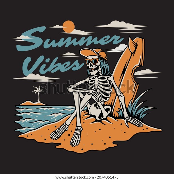 Vector Illustration Skeleton Surfer On Beach Stock Vector (Royalty Free ...