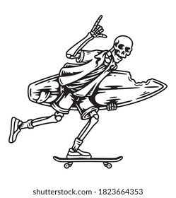 ilustración vectorial Skeleton Surfer. Para camisetas, pegatinas y otros productos similares.