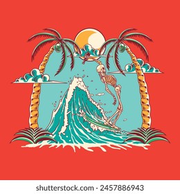 Vector illustration of skeleton surfing a big wave while holding a bottle. Happy summer season concept. Vintage style