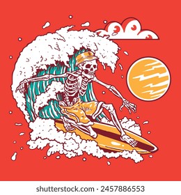 Ilustración vectorial del skeleton surf en grandes olas. concepto de temporada de verano. estilo Antiguas