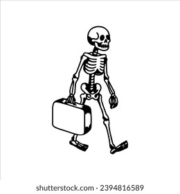 vector illustration of a skeleton walking and holding a suitcase