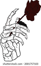 Vector illustration of  skeletor hand holding a rose on white background