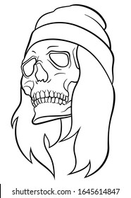 Vector illustration skelleton skull head with hat and hair. For rock, punk or metal music cover image. Hipster and skater modern style. Halloween print for decoration and t-shirt printing.