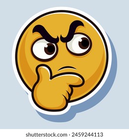 A vector illustration of a skeptical emoji with a thinking gesture on a light blue background, emphasizing the concept of doubt or decision-making. Vector illustration