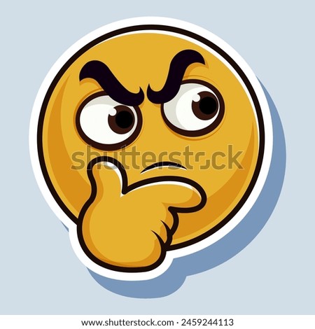 A vector illustration of a skeptical emoji with a thinking gesture on a light blue background, emphasizing the concept of doubt or decision-making. Vector illustration