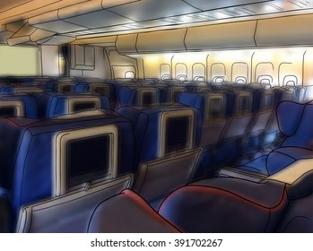 vector illustration. sketch - the aircraft cabin  on a background of blurred photo