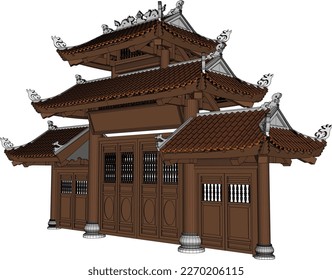 Esbozo de ilustración vectorial de la antigua puerta de madera del templo lugar de oración
