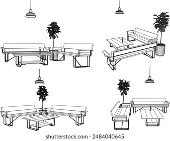 Vector illustration sketch of architectural design drawing, interior details of dining table chairs in cafes and restaurants