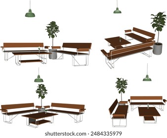 Boceto de la Ilustración vectorial del dibujo del diseño arquitectónico, detalles interiores de las sillas de mesa de comedor en cafés y restaurantes