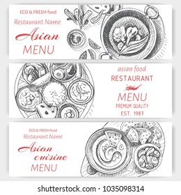 Vector illustration sketch - asian food. Card menu indian. vintage design template, banner.