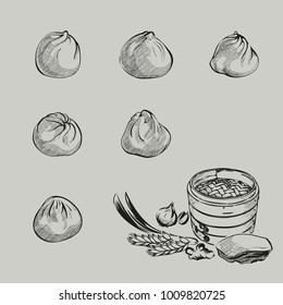 Vector illustration sketch for asian steam buns with vintage style. include materials, like ginger, green onion, garlic, pork, wheat.