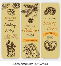 Vector illustration sketch - bakery.
bread, loaf, baguette.
Card bakeryshop with fresh pastry.