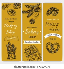 Vector illustration sketch - bakery.
bread, loaf, baguette.
Card bakeryshop with fresh pastry.