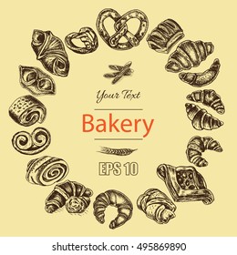 Vector illustration sketch - bakery. Croissant, buns, puffs. French bakery with fresh pastries.