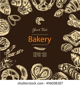 Vector illustration sketch - bakery.
croissant, buns, puffs
French bakery with fresh pastries