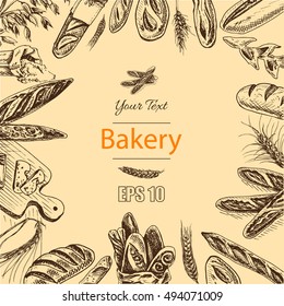 Vector illustration sketch - bakery.
loaf, baguette, bread
French bakery