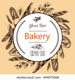 Vector illustration sketch - bakery.
loaf, baguette, bread
French bakery house with fresh pastry
