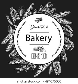 Vector illustration sketch - bakery.
loaf, baguette, bread
French bakery house with fresh pastry
