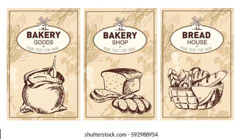 Vector illustration sketch - bakery. loaf, baguette, bread French bakery. Vector illustration sketch - bakery. Card bakery house with fresh pastry.