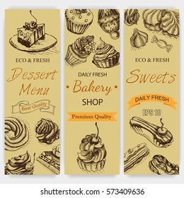 Vector illustration sketch bakery
Vintag card menu bagel, eclair, profiterole, cupcake.