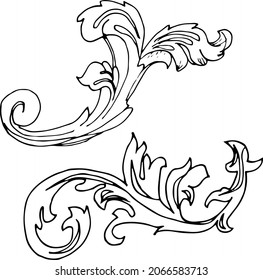 Vector illustration, sketch in baroque style.Handbook of ornament - The artificial leaf