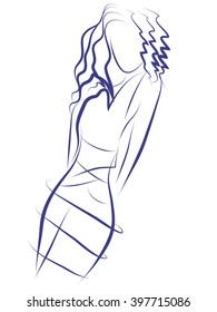 Vector illustration. A sketch of a beautiful young girl in denim clothes. Fashion. Smooth lines. For printing, web design