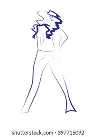 Vector illustration. A sketch of a beautiful young girl in denim clothes. Fashion. Smooth lines. For printing, web design