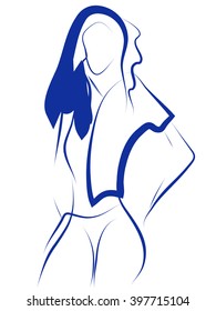 Vector illustration. A sketch of a beautiful young girl in denim clothes. Fashion. Smooth lines. For printing, web design