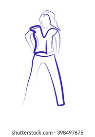 Vector illustration. A sketch of a beautiful young girl in denim clothes. Fashion. Smooth lines. For printing,  design