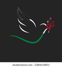 Vector illustration of a sketch of a bird and the Palestinian flag, on a black background