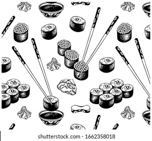 Vector illustration of sketch black japanese sushi on white background. Asian food wallpaper for menu, packagin, cafe, restaurant. Ink paint, rice ball with fish, nori, caviar, tuna, avocado,chopstick