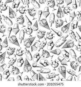 Vector illustration. Sketch. Black and white seamless pattern of ice cream.