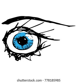 Vector illustration. Sketch of the blue eye with eyelashes. Female eye.