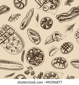 Vector illustration sketch
bread, loaf, baguette, focaccia, pizza
Pattern italian bakery house with fresh pastry