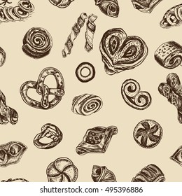 Vector illustration sketch
bread, loaf, baguette, croissant, buns, puffs
Pattern bakery house with fresh pastry