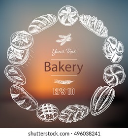 Vector illustration sketch
bread, loaf, baguette, 
Pattern bakery house with fresh pastry