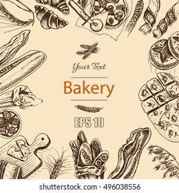 Vector illustration sketch
bread, loaf, baguette, focaccia, pizza
italian bakery house with fresh pastry
