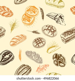 Vector illustration sketch. bread, loaf, baguette, 
Pattern bakery house with fresh pastry