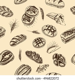 Vector illustration sketch. bread, loaf, baguette, 
Pattern bakery house with fresh pastry